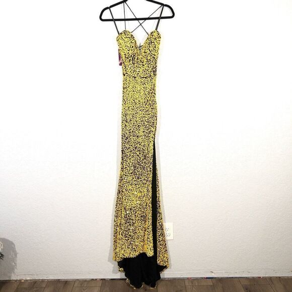 NWT Abby Paris x Lucci Lu 90163 Black‎ & Yellow Sequins High Slit Gown Size 8 - Picture 2 of 11